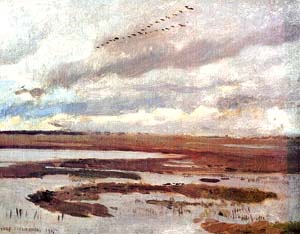 J�sef Chelmonski, Cranes, landscaspe from meadow