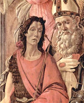 Sandro Botticelli, Altarretabel, Haupttafel: Thronende Madonna, vier Engel und Heilige; detail